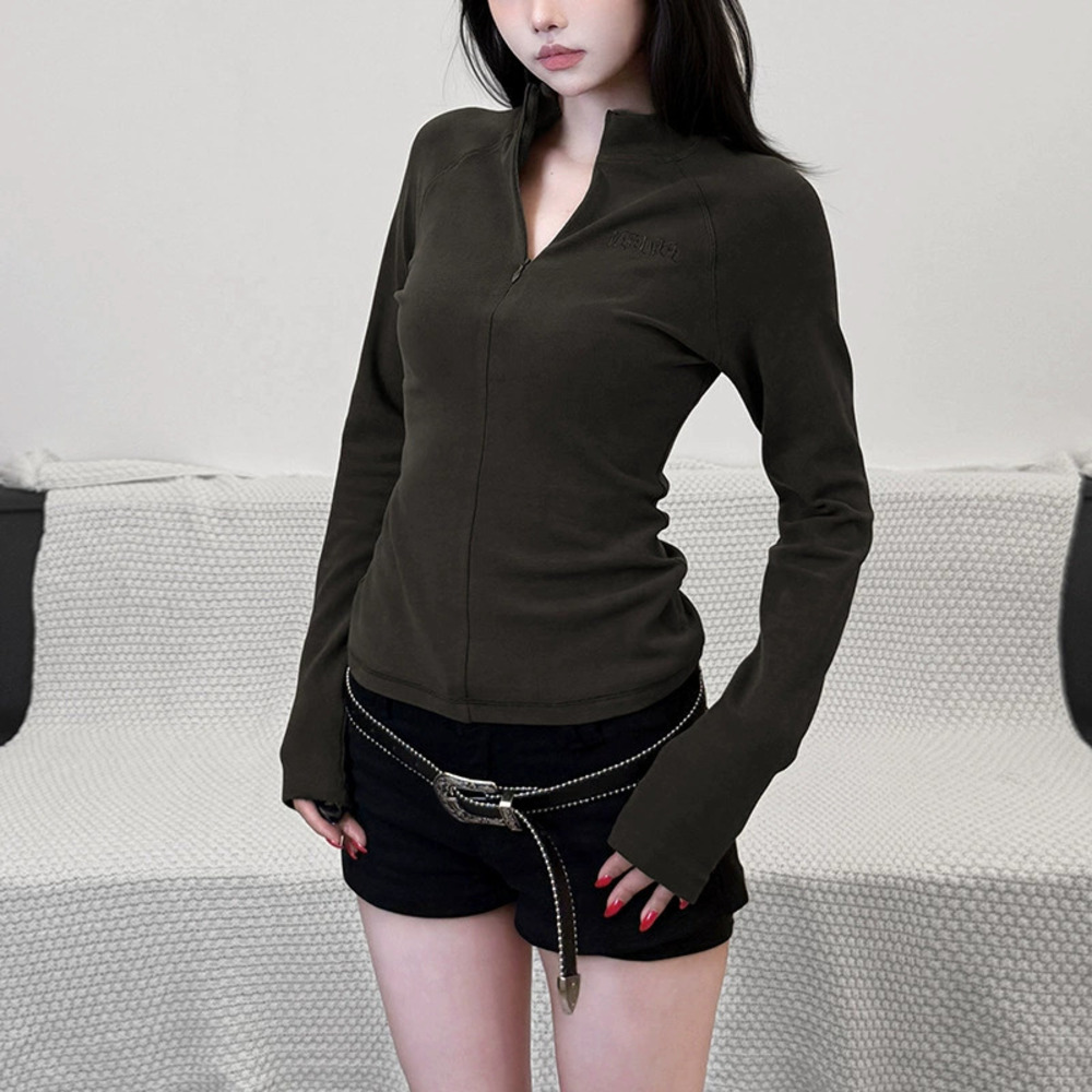 ZARA Womens Fall Commuter Chic Zip Up Slim Fit Solid Long Sleeve Top